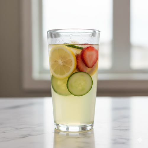 Glass of citrus water with lemon, cucumber, and strawberry slices on a marble counter by a window.