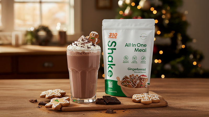 Gingerbread chocolate shake with whipped cream and cookie, surrounded by gingerbread cookies and mix