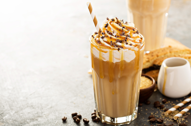 Iced caramel latte coffee in a tall glass