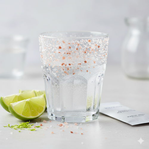 Glass of sparkling water with a salted rim, lime wedges, and electrolyte drink mix packet nearby.