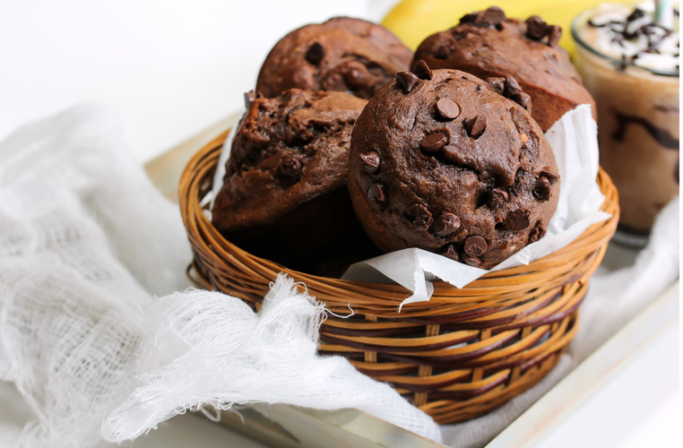 chocolate muffins in a woven basket