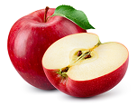A whole red apple beside another apple cut cleanly in half.
