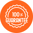 An orange circular badge with a white