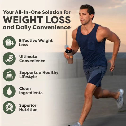 A man holding a 310 shaker cup and the 310 shake features as a solution for weight loss.