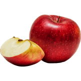 A whole red apple accompanied by a fresh slice.