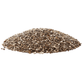 A pile of chia seeds, showcasing their tiny, oval shape and mixed black-and-white coloring.