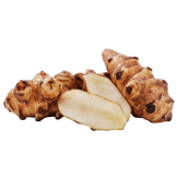A pile of Jerusalem artichokes, with one sliced open to reveal its white, crisp interior.