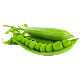 Fresh green pea pods, one open to reveal plump peas inside.