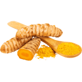 Fresh turmeric roots, one cut open, with a wooden spoon filled with turmeric powder.