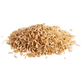 A small pile of uncooked brown rice grains, showcasing their natural, whole-grain texture.