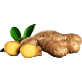 A fresh ginger root with a sliced piece, showing its golden interior, with green leaves.