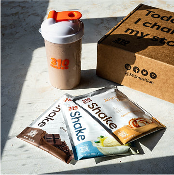 310 shaker cup with 3 single serving packets of caramel sundae, vanilla creme and chocolate bliss.