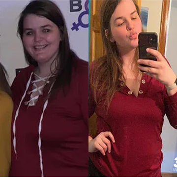 Before-and-after transformation using 310 products of a woman wearing a red shirt.