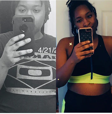 Before-and-after weight loss transformation progress of a woman after using 310 products.