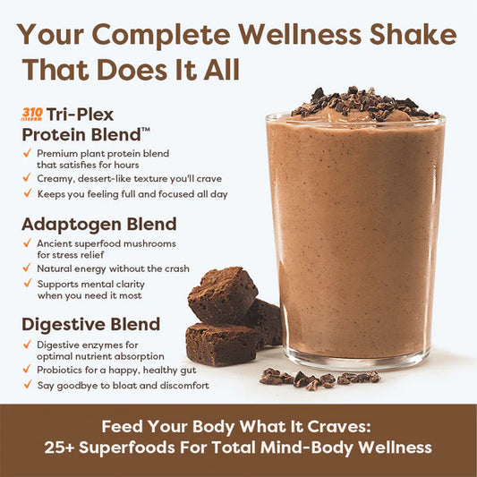 A glass of protein shake featured next to the key benefits of the 310 all-in-one meal.