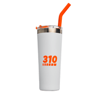 A white and orange colored 310 Insulated Stainless Steel Travel Mug.