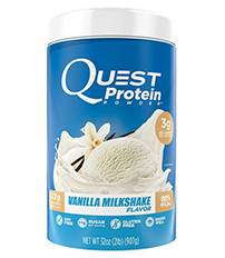 A container of Quest Protein's Vanilla Milkshake flavor.