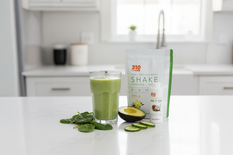 Green Keto Vanilla Shake with spinach, avocado, coconut milk and MCT oil in a glass.