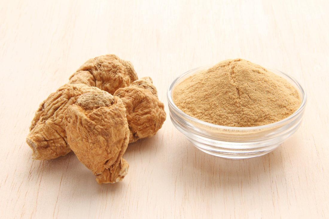 Maca root and maca powder on a wooden table