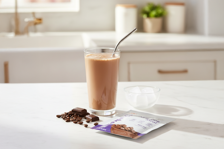 Low-carb mocha shake in a glass, blended with coffee and chocolate flavors.