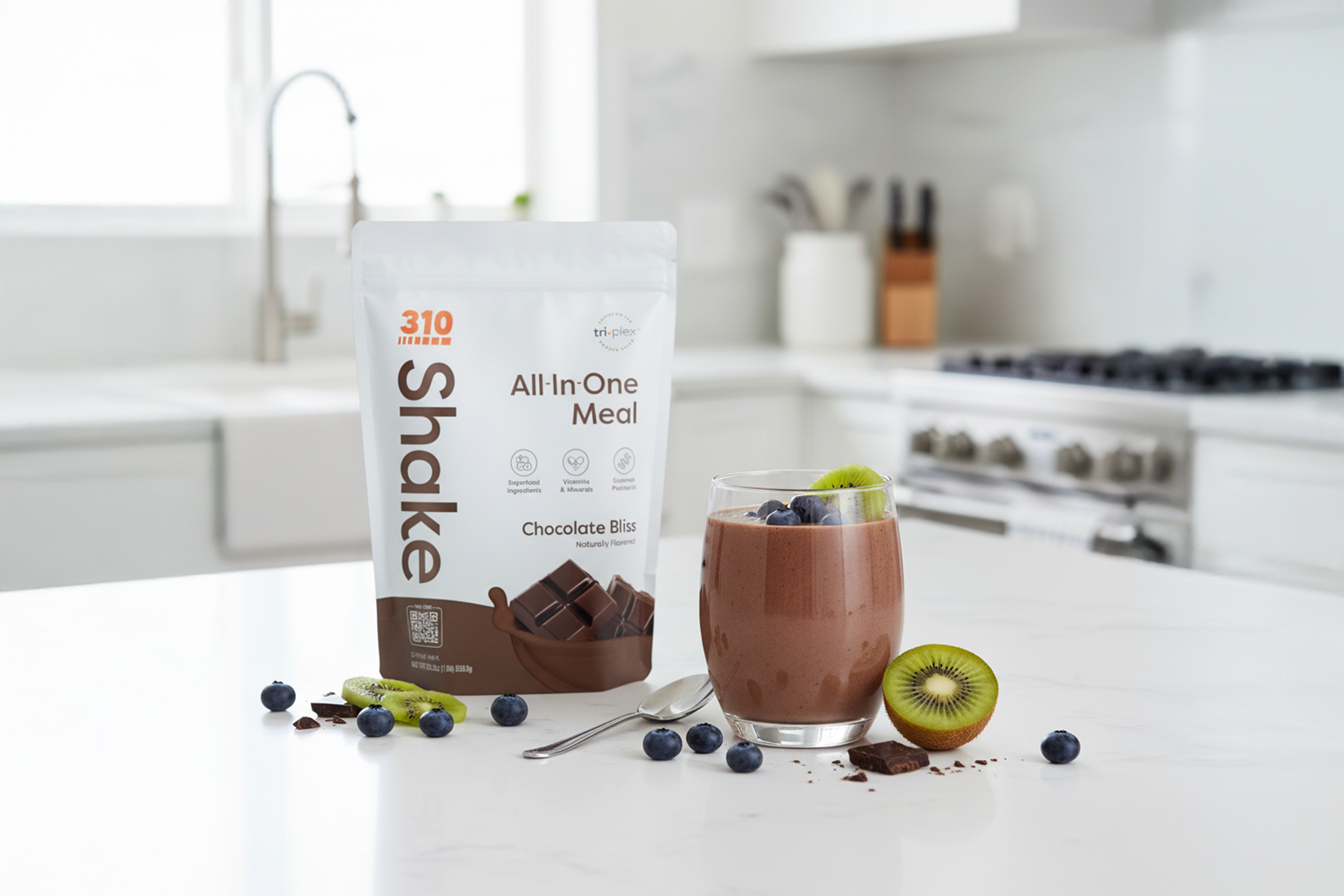 Chocolate kiwi blueberry shake: creamy chocolate drink made with kiwi and blueberries.
