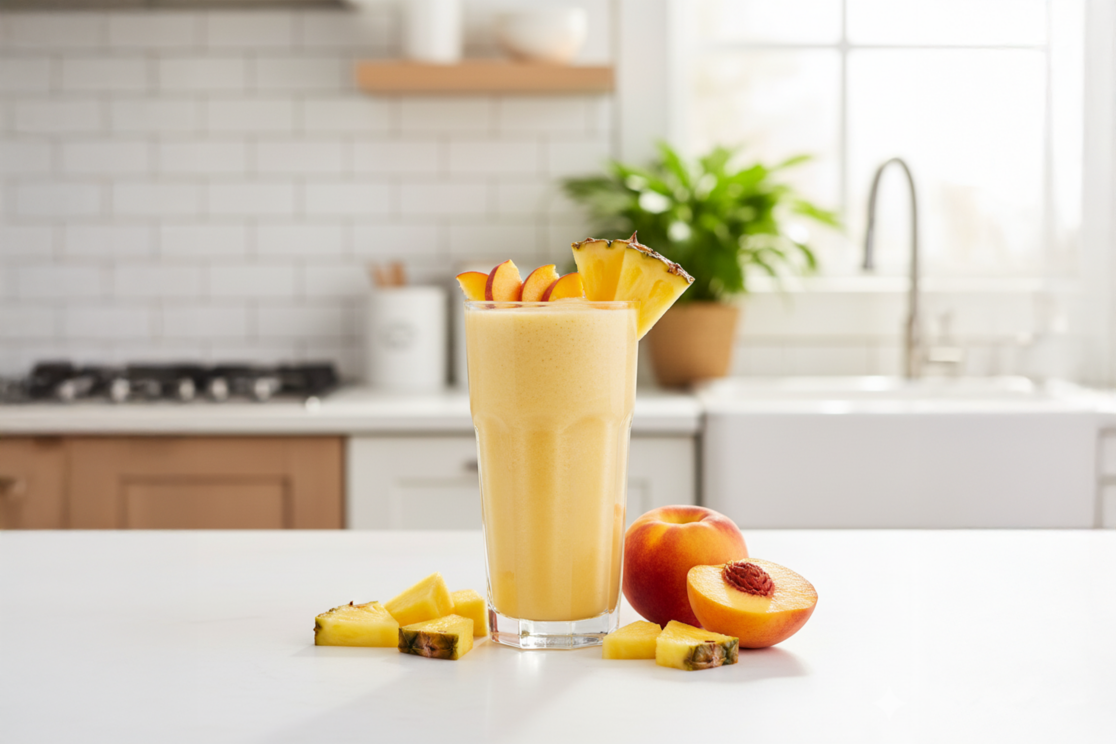 Green pineapple-mint smoothie in a glass, garnished with mint leaves and pineapple chunks.