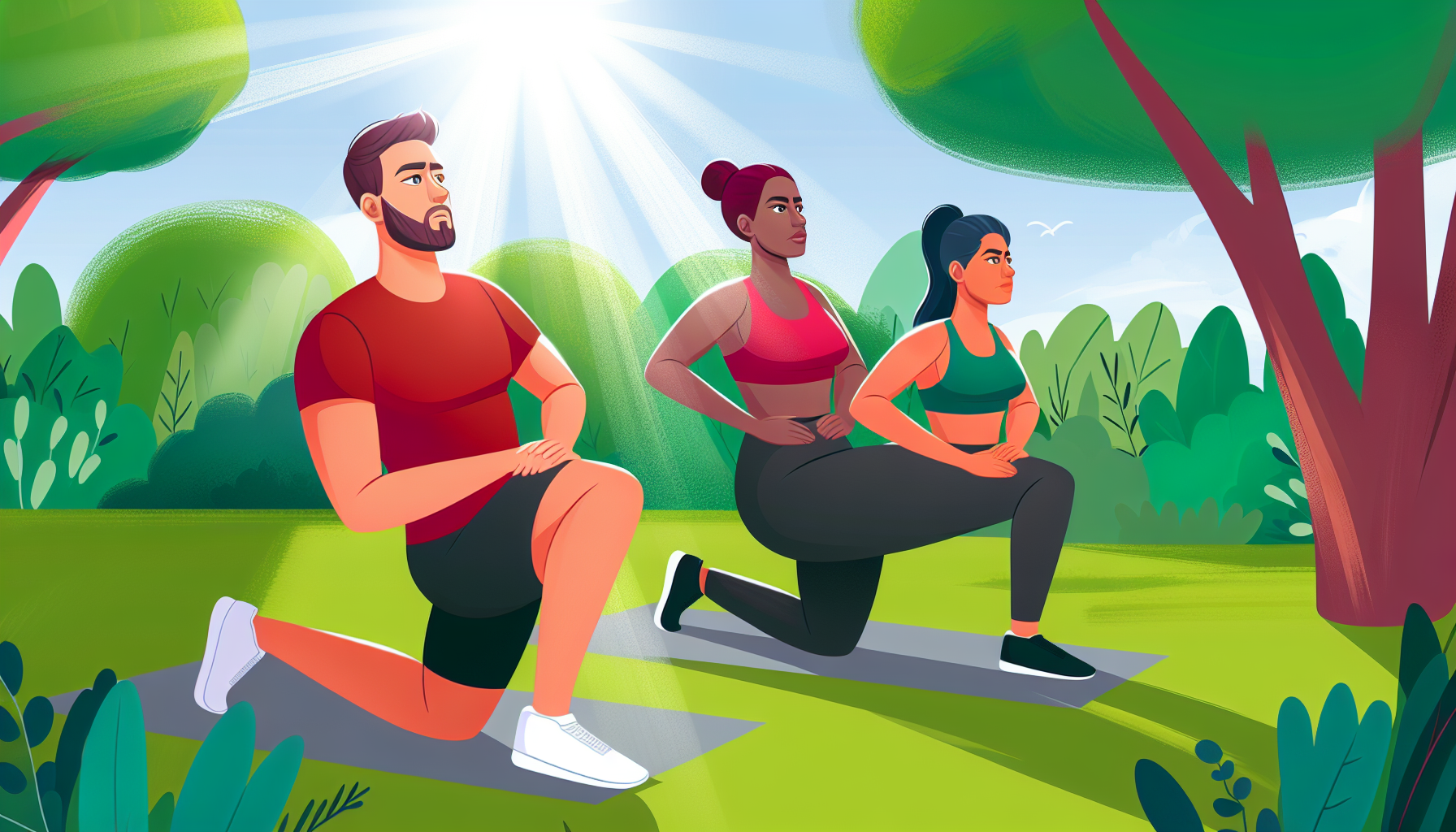 Three people doing lunges on yoga mats in a sunny, green outdoor park setting.