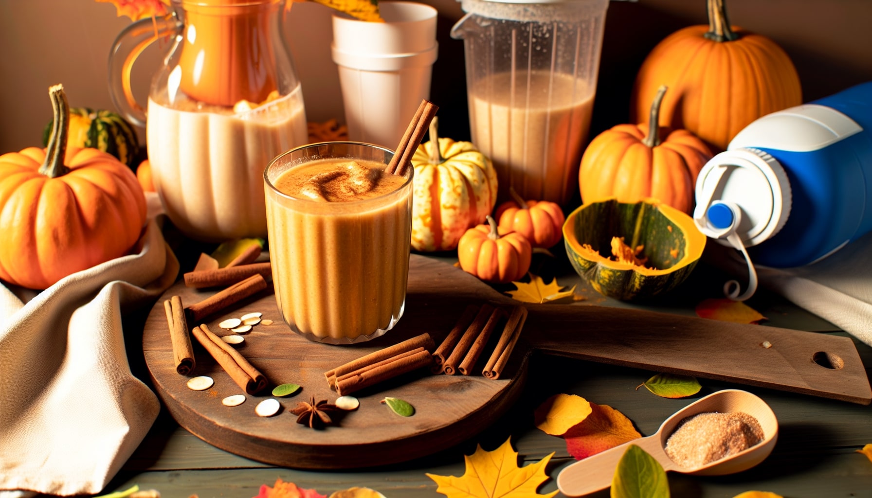 pumpkin spice shake with pumpkins and cinnamon sticks