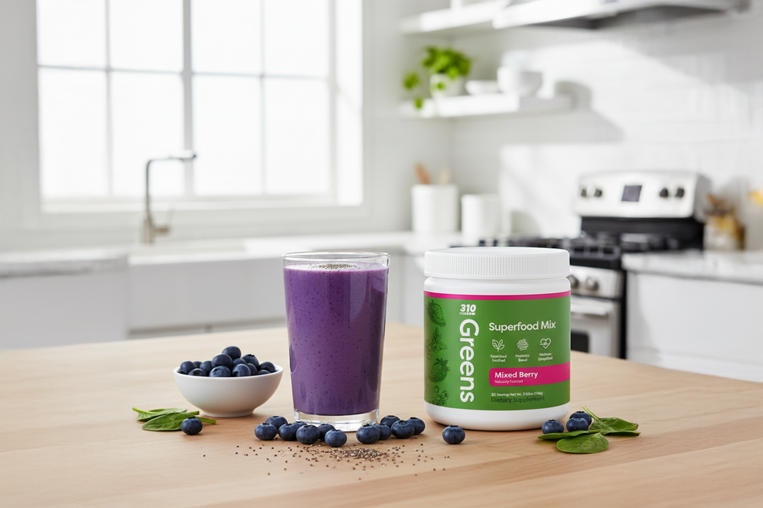 Glass of blueberry smoothie with 310 Greens Superfood Mix container and fresh blueberries on table.