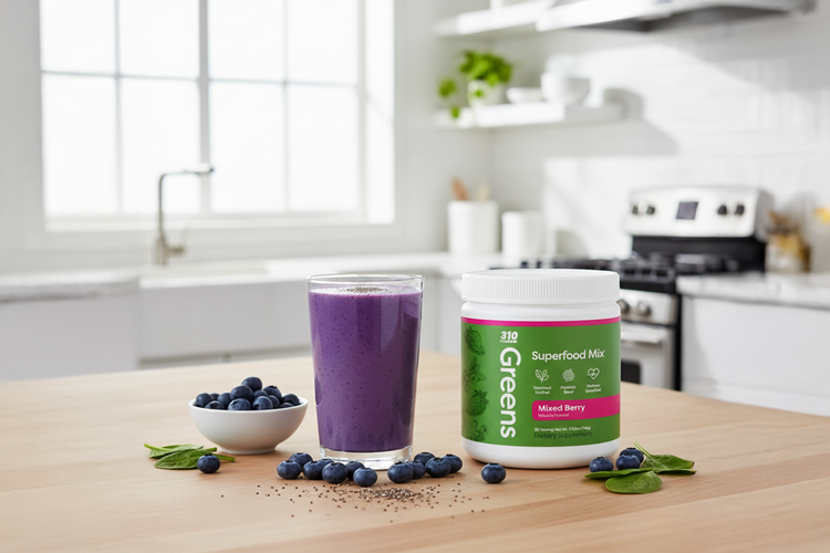 Glass of blueberry smoothie with 310 Greens Superfood Mix container and fresh blueberries on table.