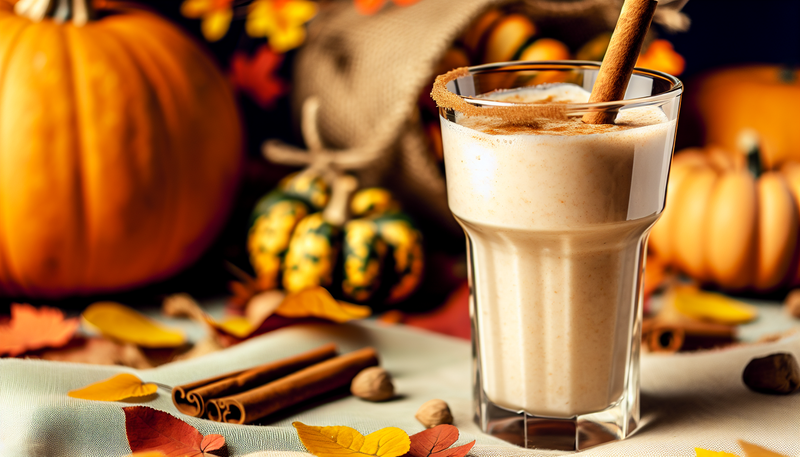 a glass of pumpkin shake and pumpkins at the background