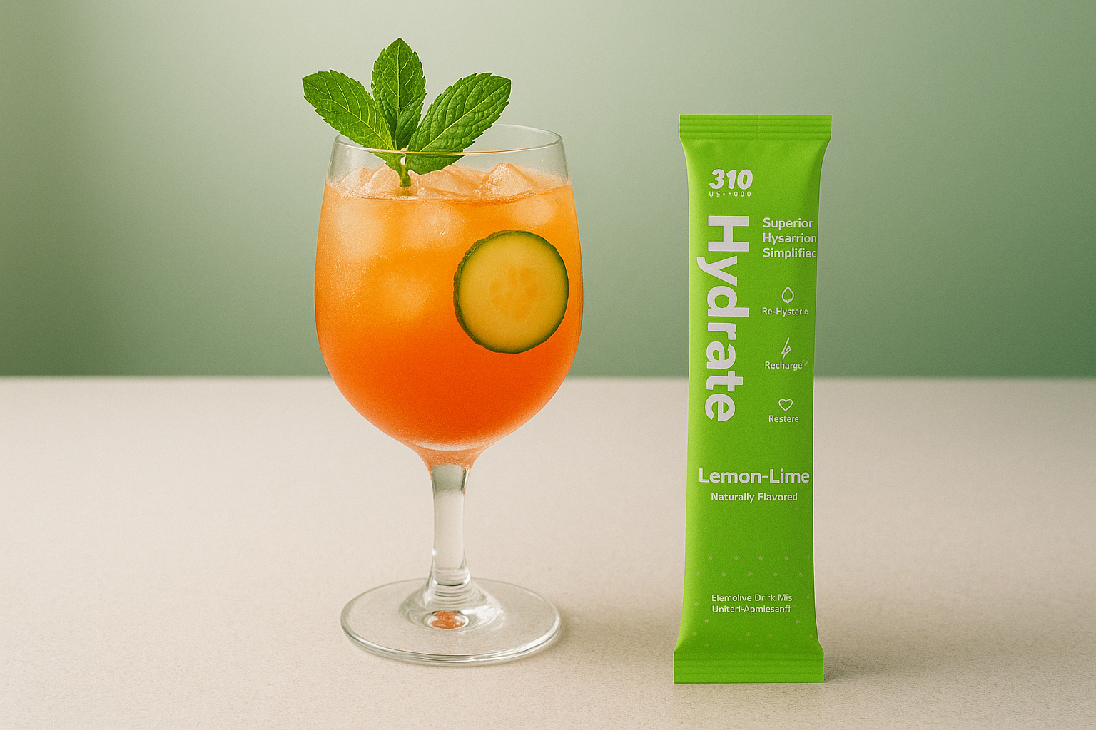 Glass of orange hydration drink with mint and cucumber beside a 310 Lemon-Lime Hydrate stick pack.