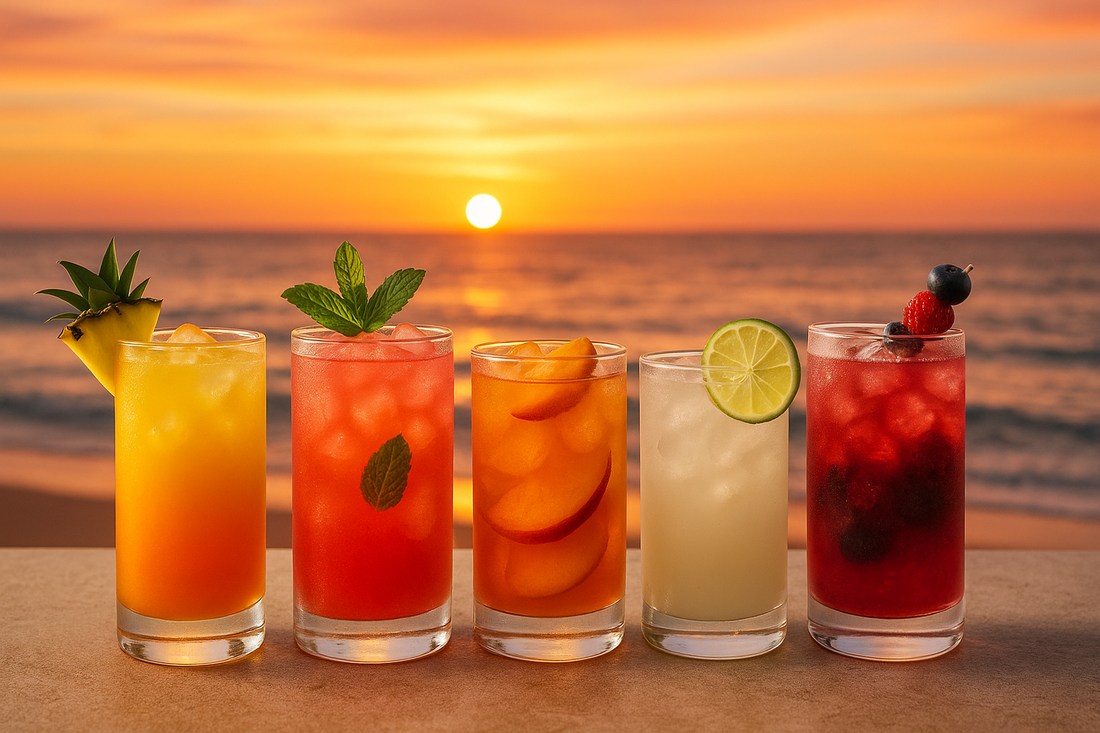 Colorful 310 Nutrition mocktails made with 310 Hydrate, set against a glowing sunset beach backdrop. 