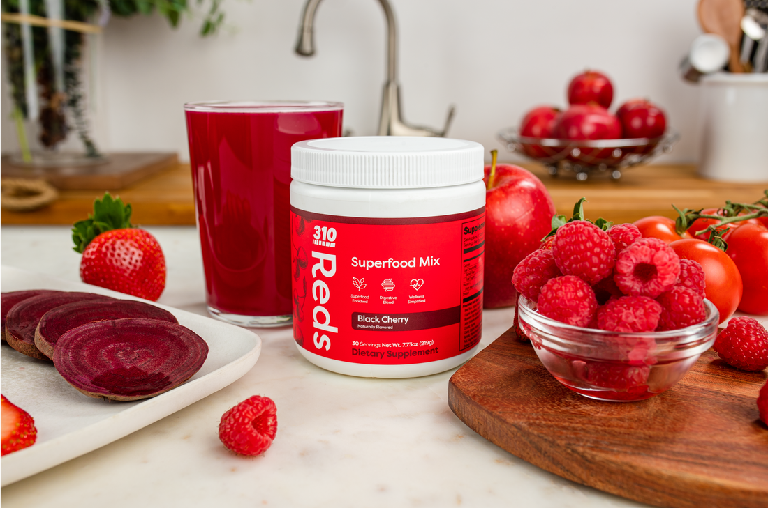 310 Reds with fresh red fruits in a kitchen counter top