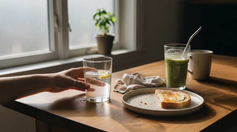 Glass of lemon water and green smoothie on a table with toast, near a window with natural light.