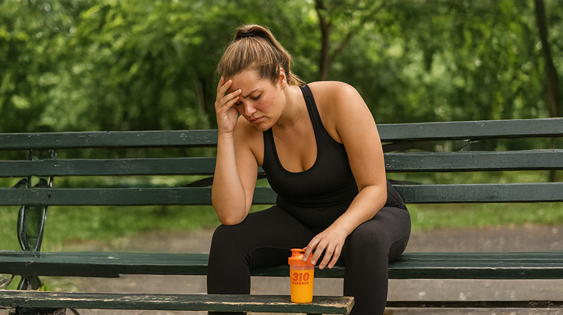 Exhausted woman on bench after workout with 310 Hydrate bottle placed in front for recovery support
