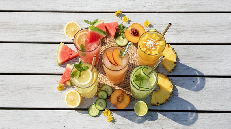Six colorful summer lemonades with fresh fruit garnishes on a bright wooden table outdoors.