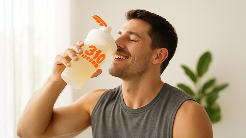 A man smiling while drinking a sugar free electrolyte drink from a 310 shaker in a bright room.