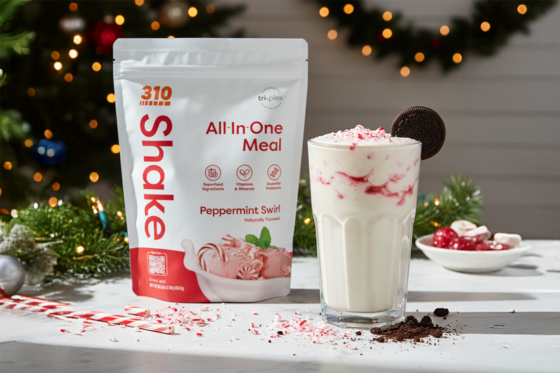 310 Peppermint Swirl Shake with festive cookie smoothie, topped with crushed candy cane and Oreo.