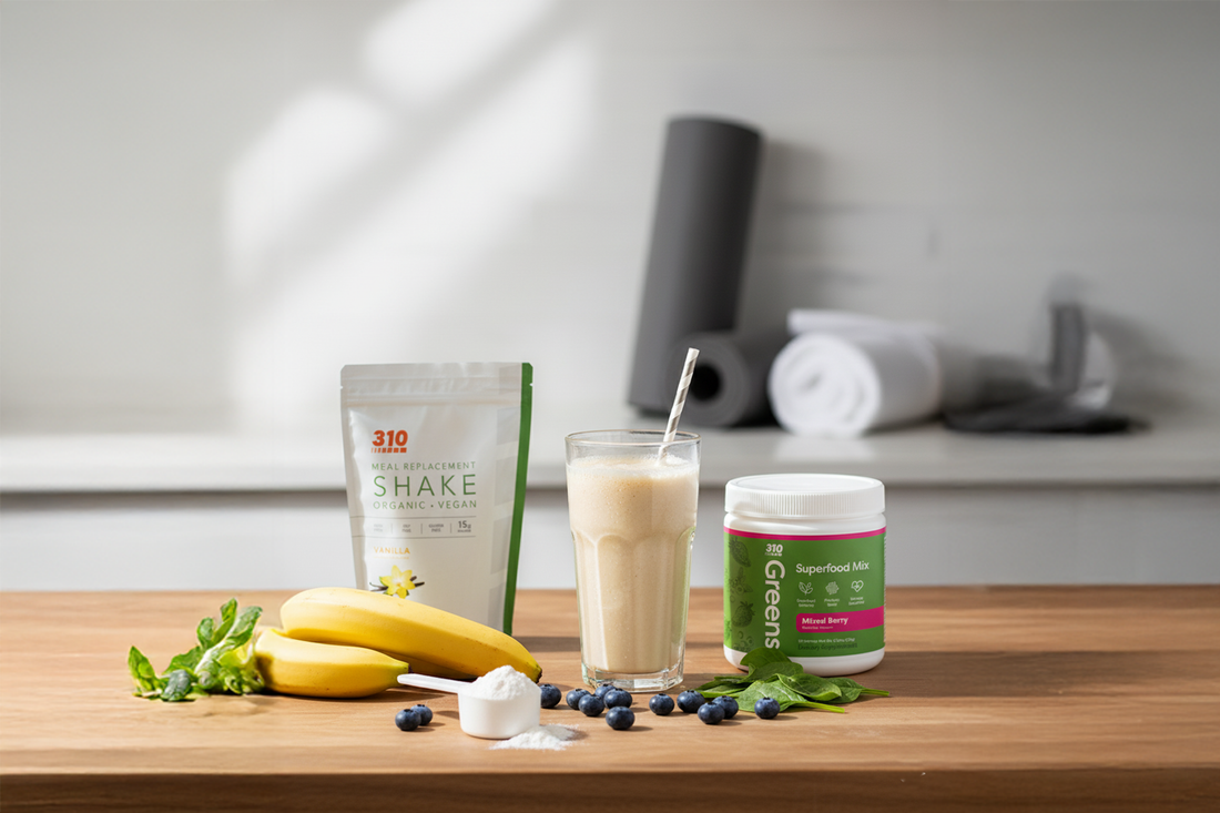 310 Vanilla Shake blended with superfoods, banana, spinach, and berries for a recovery smoothie.