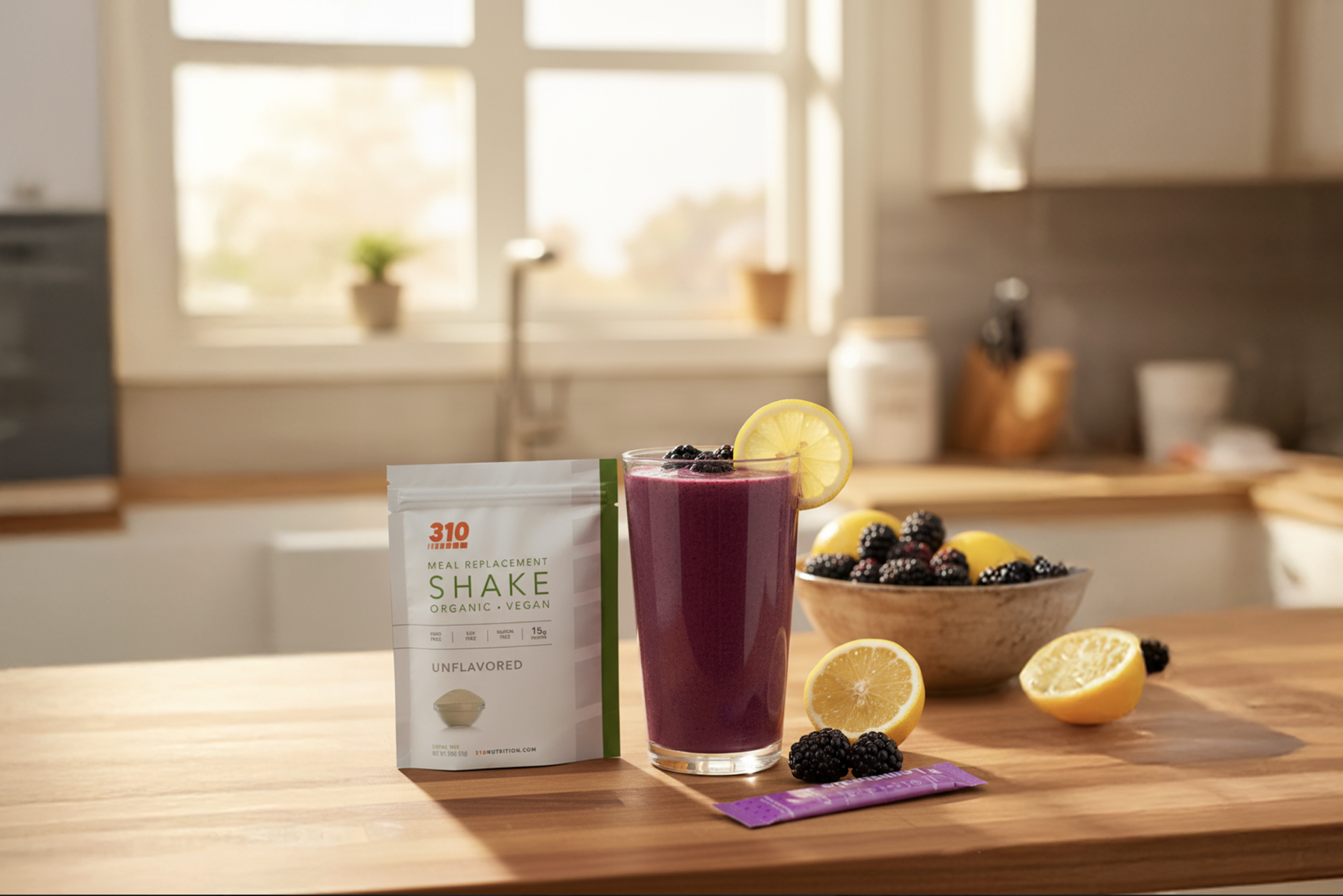 Purple blackberry lemon smoothie in a glass with lemon slice, 310 Shake pouch, and fresh fruits.
