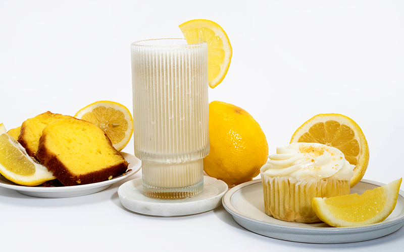 lemon cake shake with lemon cupcake and fresh lemons