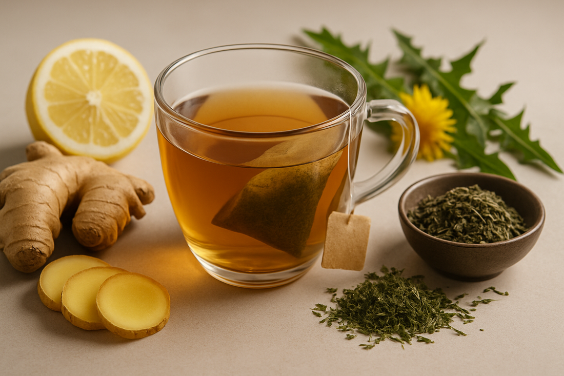 Support Wellness and Weight Loss- Herbal detox tea made with 310 Nutrition 310 Tea, surrounded by ginger, lemon, and dandelion leaves.