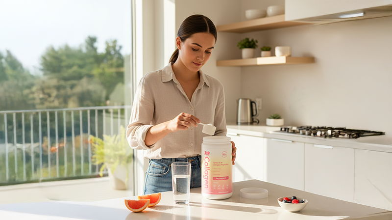 Woman preparing a collagen supplement drink in a bright kitchen with fruit on the counter.