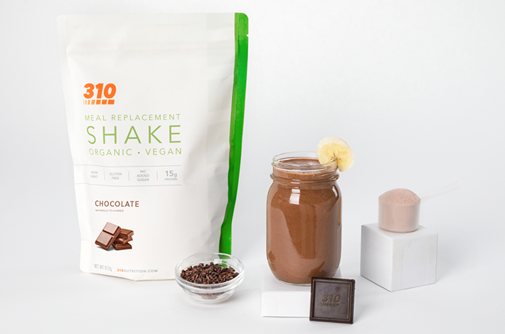 310 Organic Chocolate meal replacement and a glass of shake