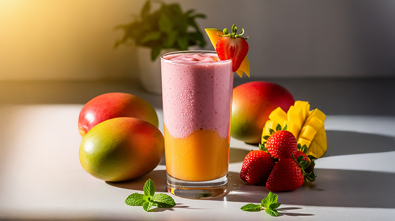 Strawberry mango smoothie with fruit garnish, surrounded by fresh mangoes, strawberries, and mint.