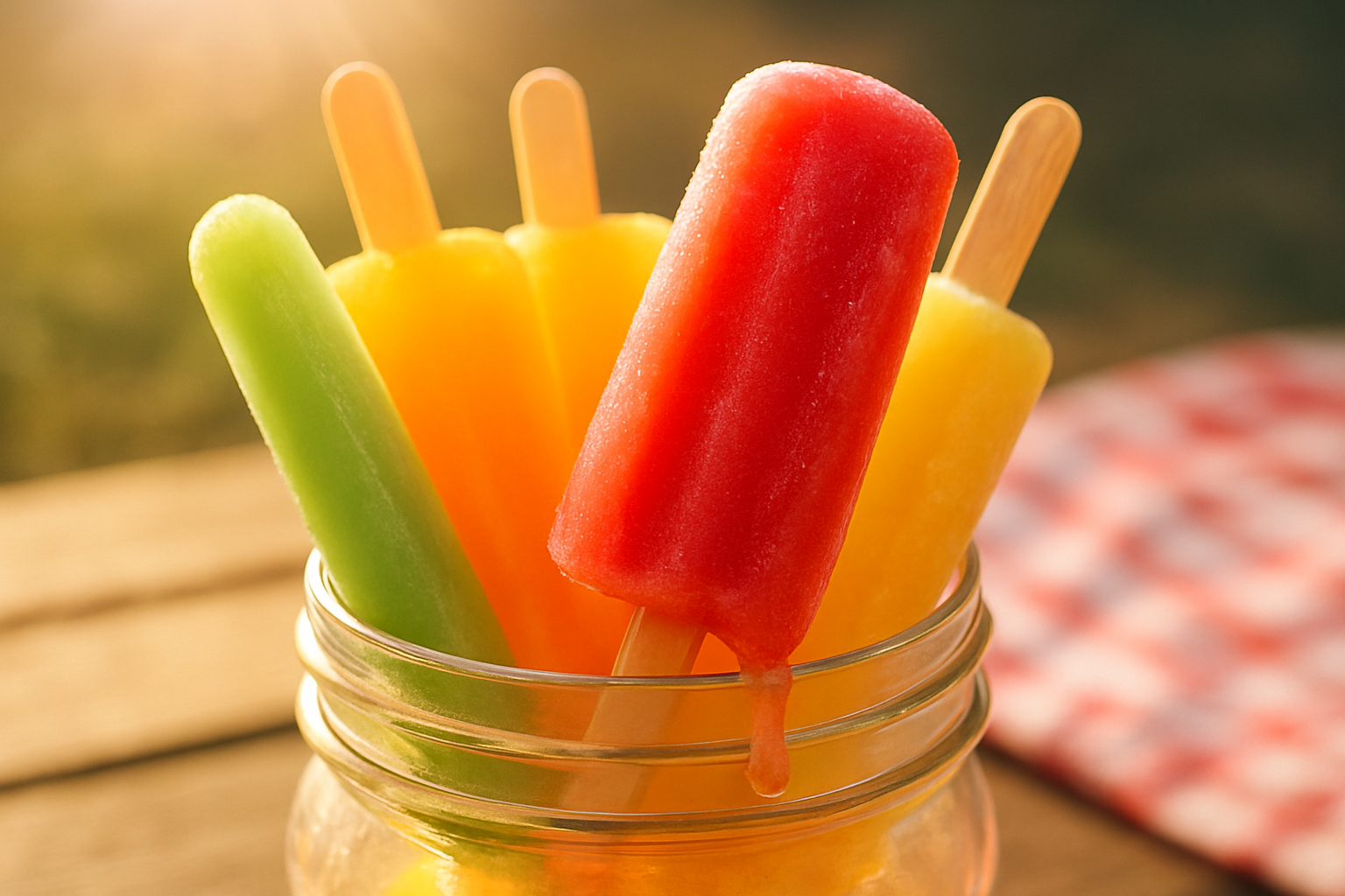 Colorful frozen popsicles in a glass jar with one red popsicle dripping on a sunny summer day.