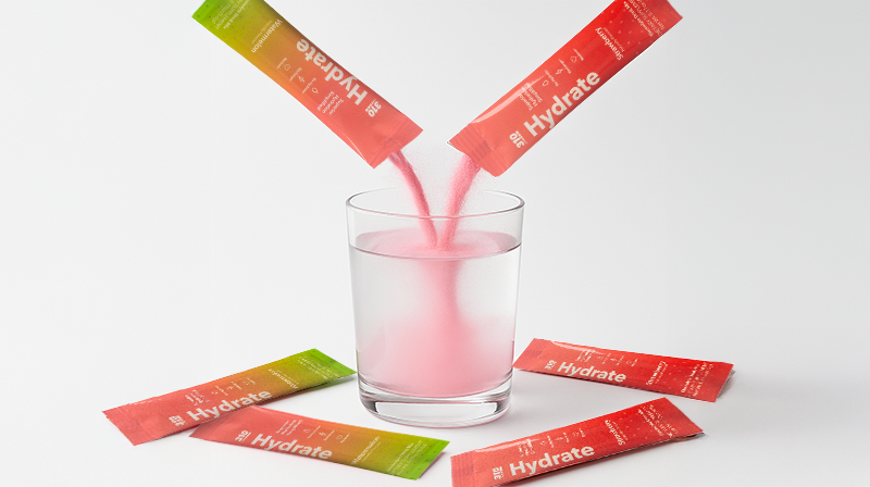 Pink electrolyte powder pouring from 310 Hydrate packets into a clear glass of water.