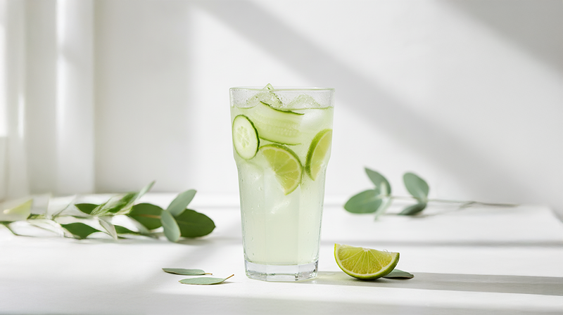 Refreshing glass of cucumber lime water with ice, garnished with lime wedge and leaves nearby.