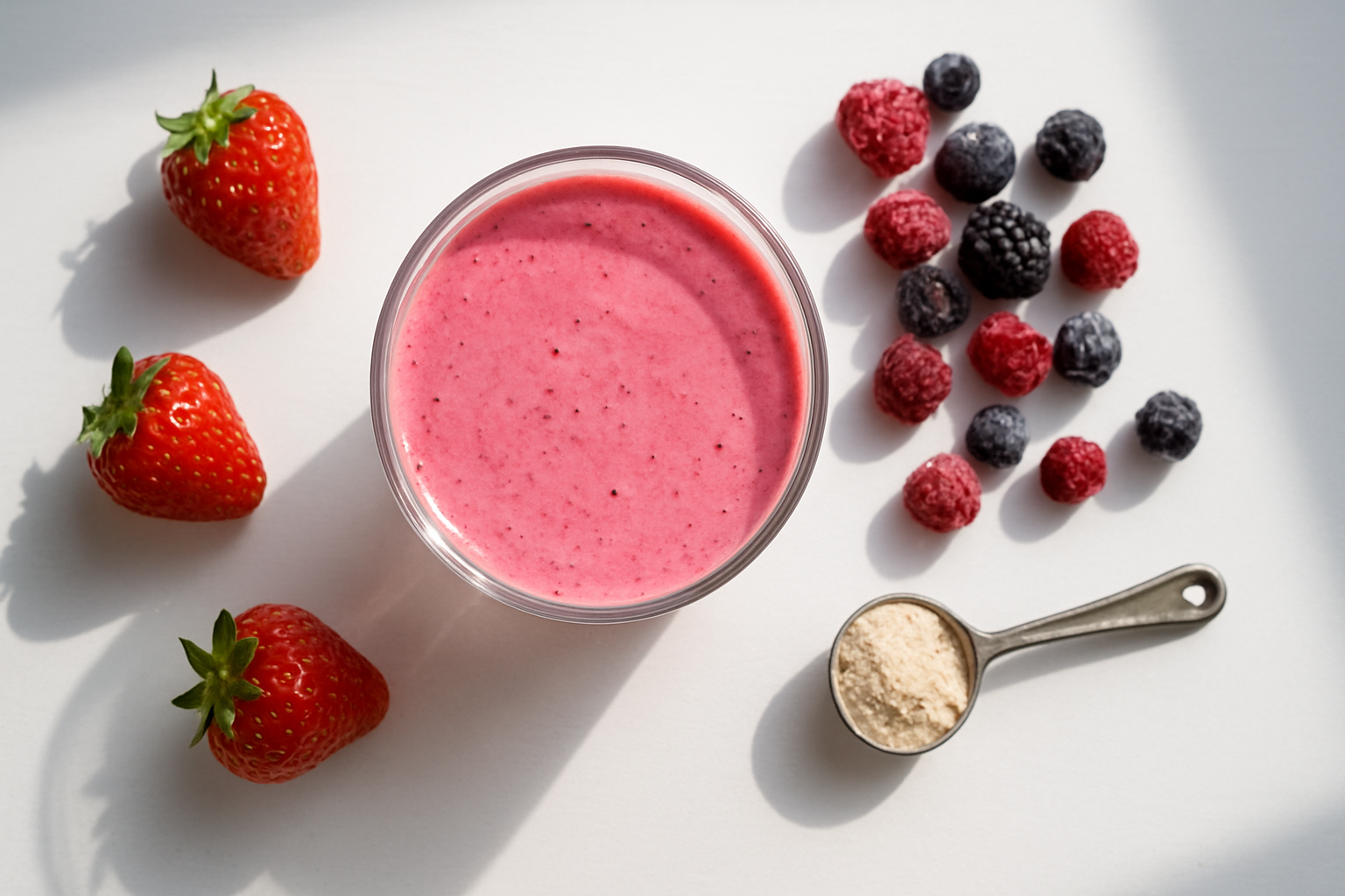Glass of pink berry smoothie with fresh strawberries, mixed berries, and a spoon of protein powder.